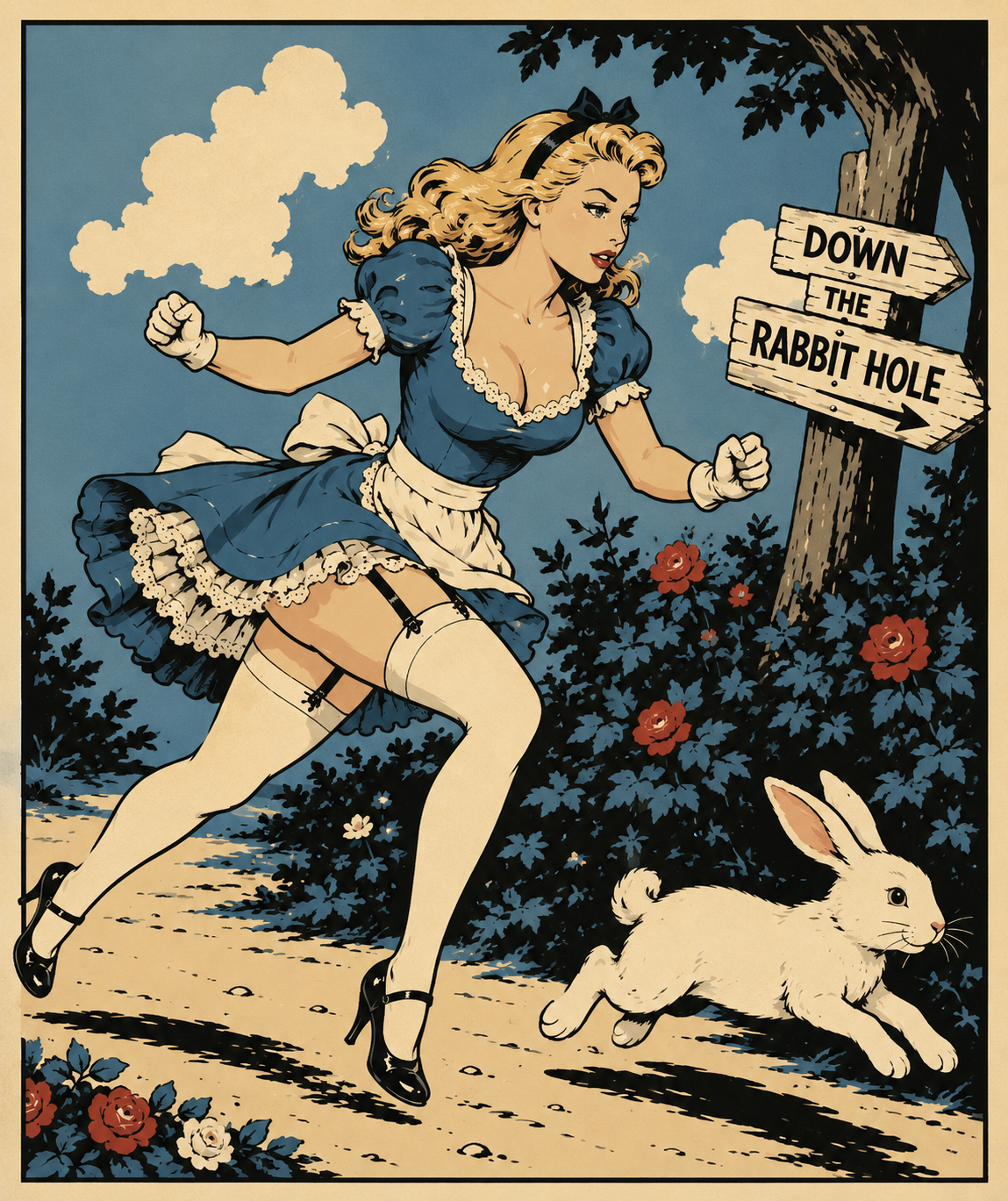 Vintage Alice chasing a white rabbit down the rabbit hole